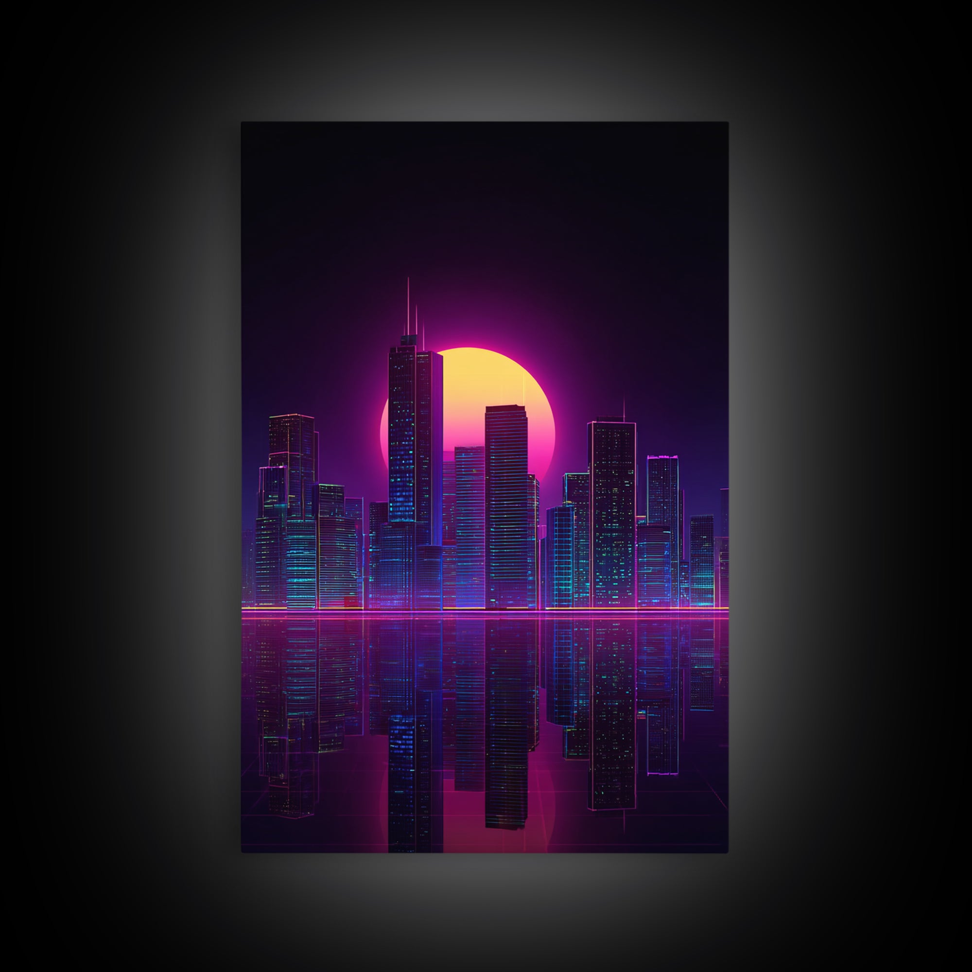 Futuristic Neon Cityscape With Purple And Pink Sunset Sci-Fi Wall Art Framed Canvas Print For Modern Living Room Decor