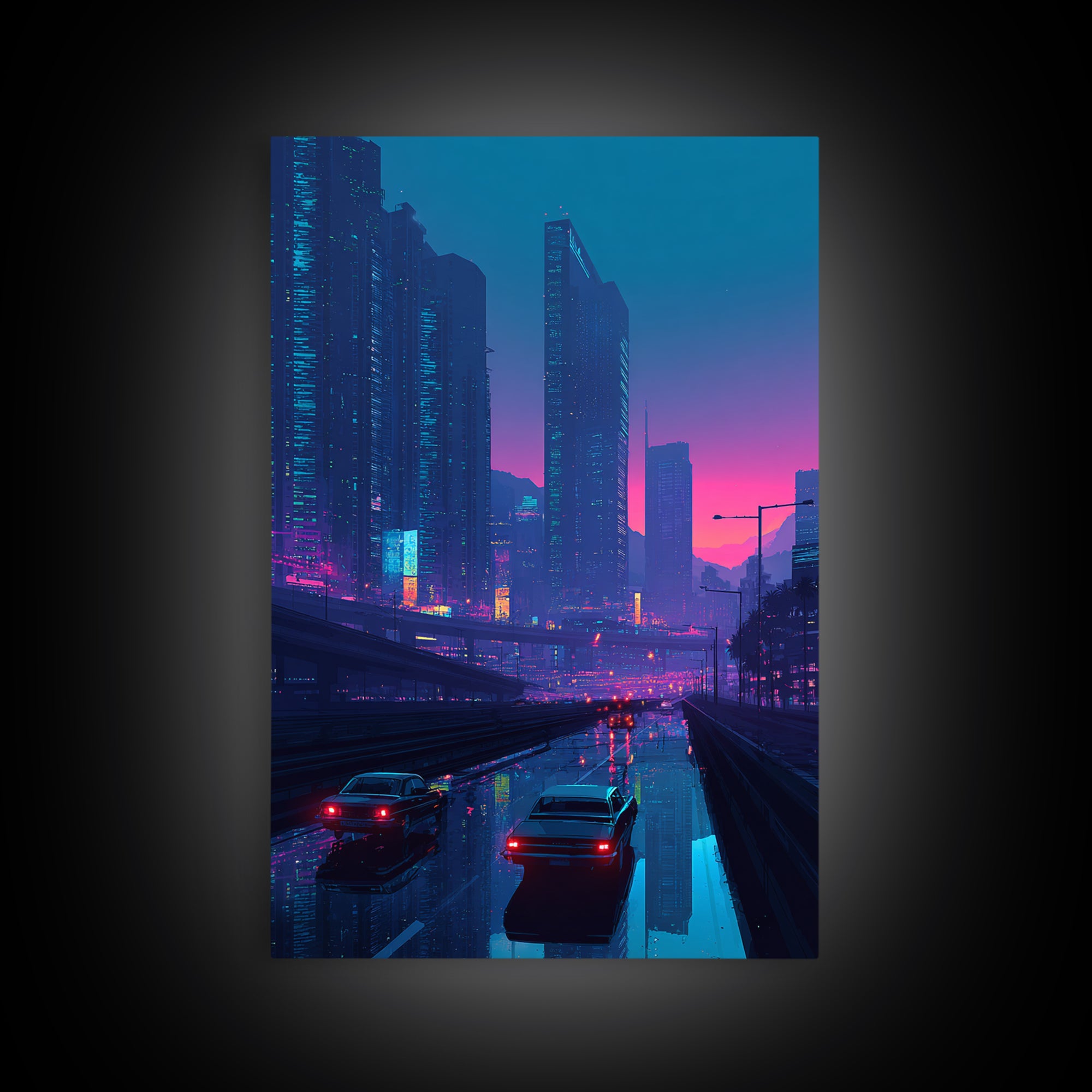 Cyberpunk Cityscape At Dusk With Neon Lights And Rain Reflections Modern Wall Art For Home Decor And Office