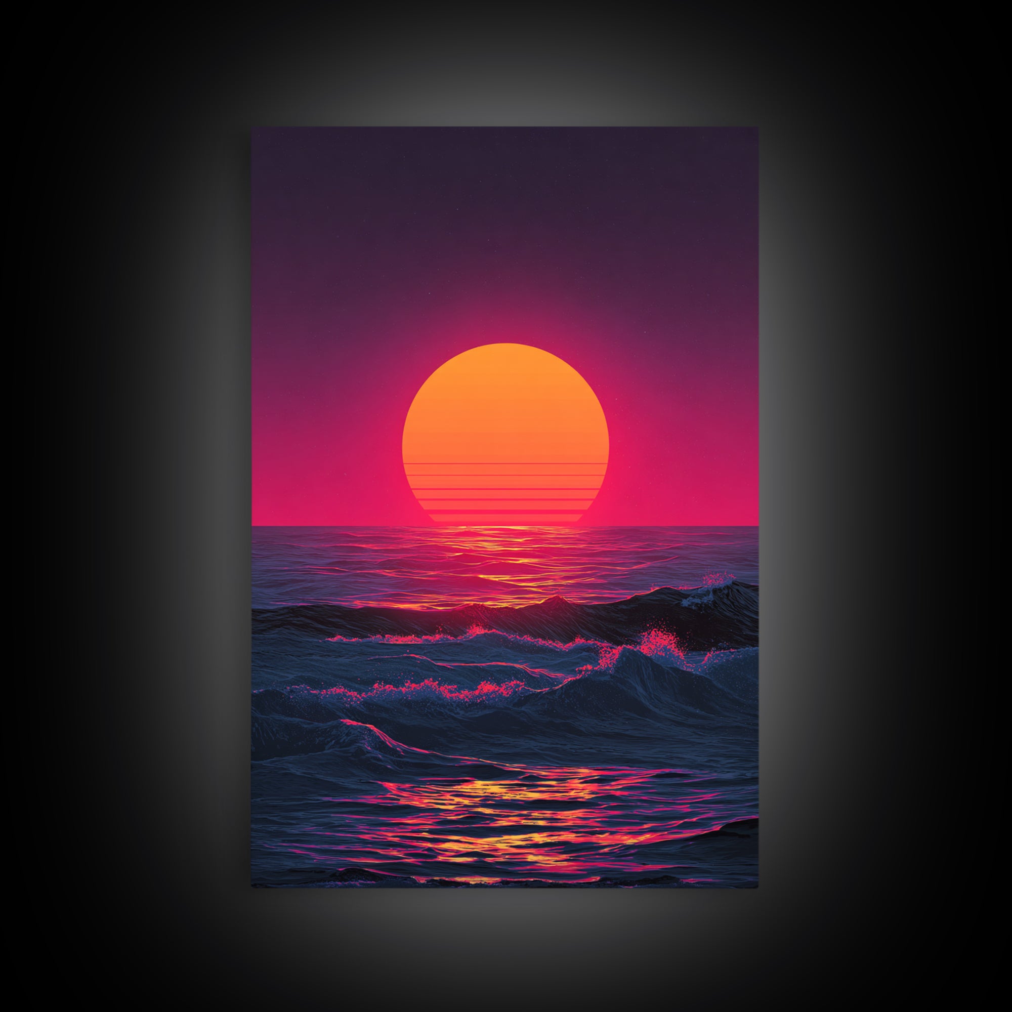 Vibrant Retro Abstract Neon Sunset Over Ocean Waves With Pink And Purple Horizon Wall Art Canvas Print For Bold Home Decor