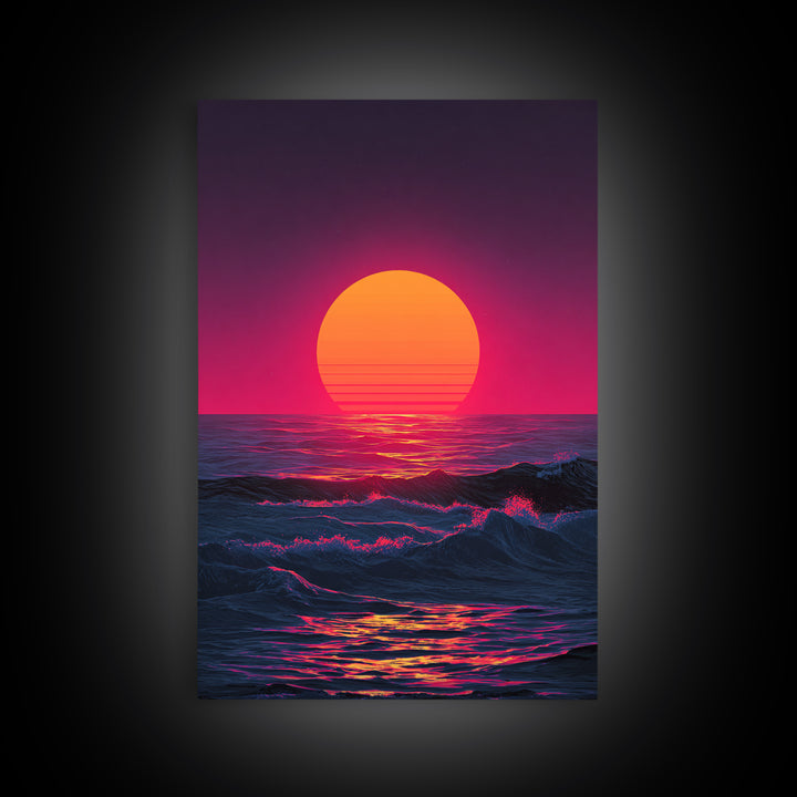 Vibrant Retro Abstract Neon Sunset Over Ocean Waves With Pink And Purple Horizon Wall Art Canvas Print For Bold Home Decor