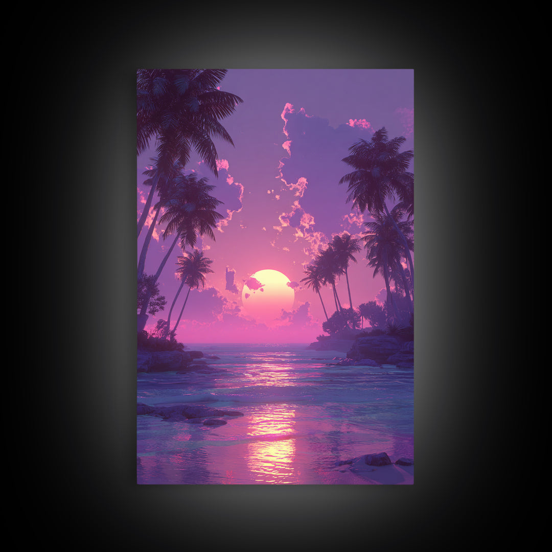 Peaceful Pink Purple Sunset Between Palm Trees Over Gentle Ocean Waves Framed Canvas Print For Home