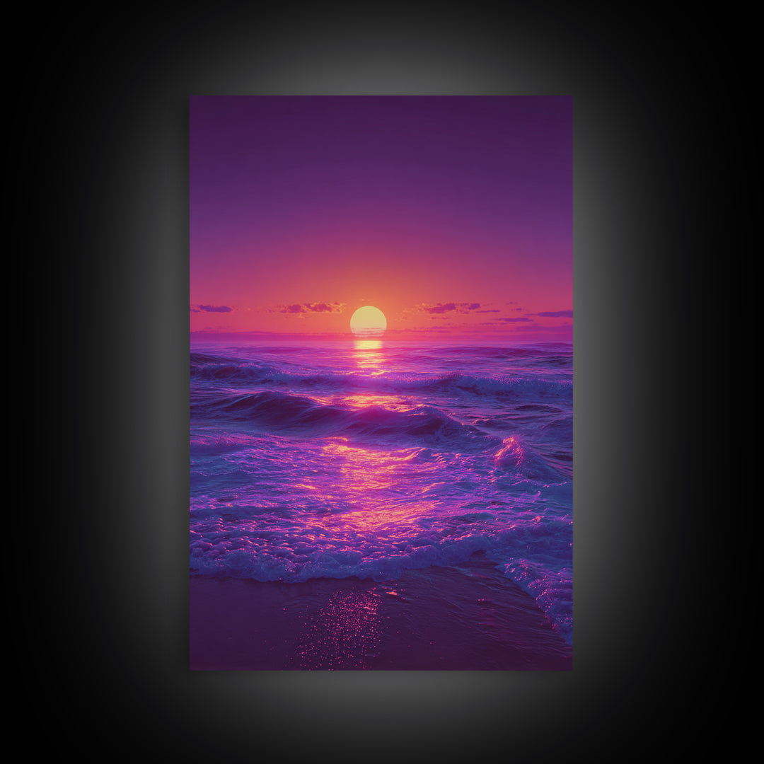 Surreal Ocean Sunset With Deep Purple And Pink Hues Canvas Print For Bedroom Wall Art And Coastal Home Decor