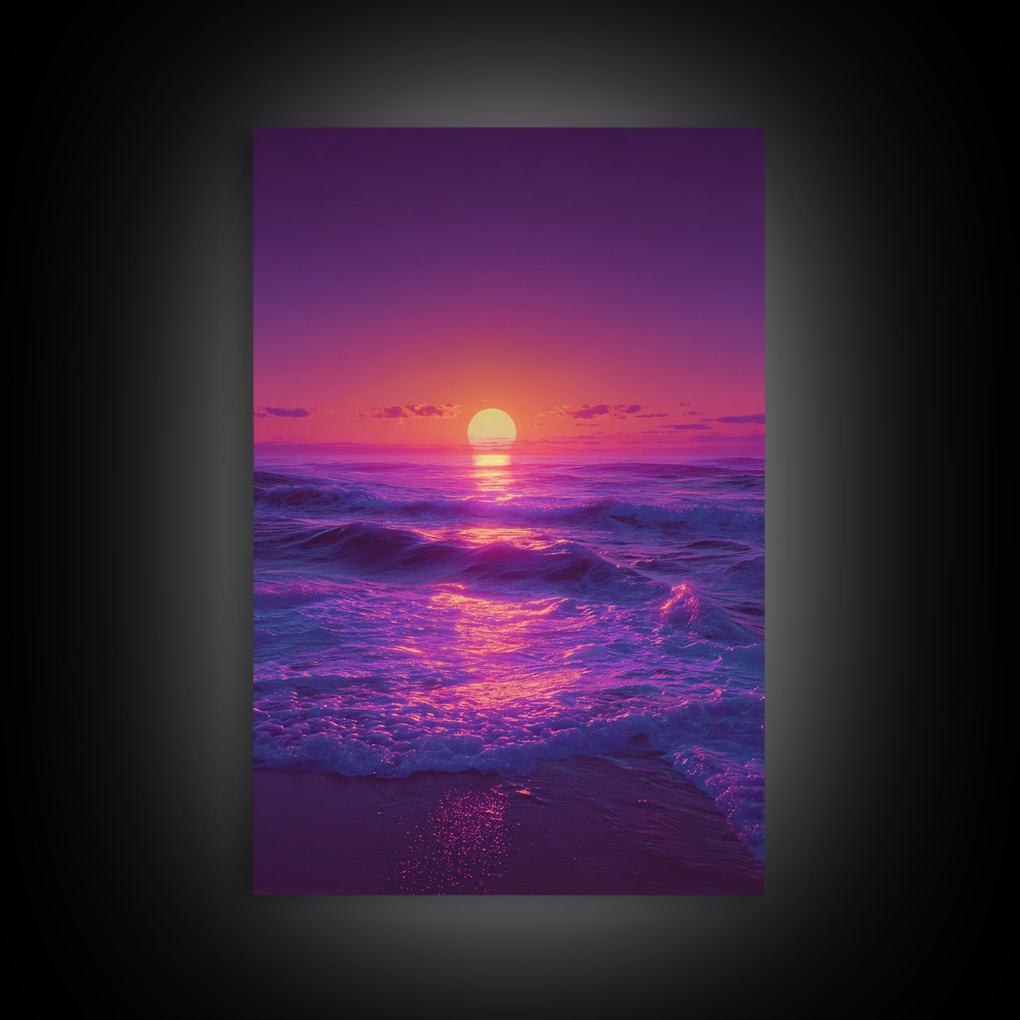 Surreal Ocean Sunset With Deep Purple And Pink Hues Canvas Print For Bedroom Wall Art And Coastal Home Decor