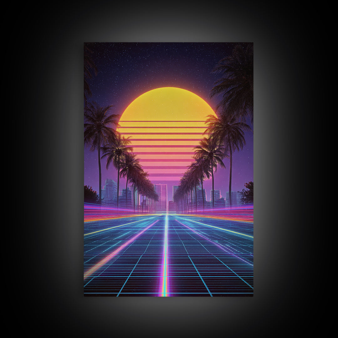 Retro Sunset Over Neon Cityscape With Palm Trees Digital Wall Art Framed Canvas Print Modern Wall Decor