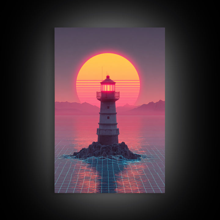 Retro Futuristic Neon Sunset Lighthouse Cityscape Digital Art Vibrant Large Wall Art Framed Canvas Print Modern Decor