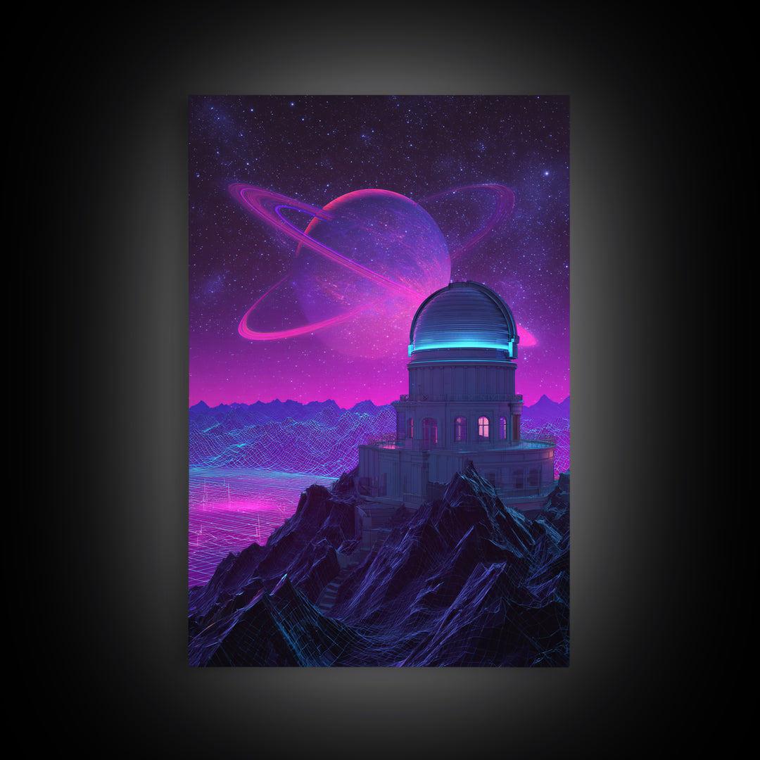 Futuristic Neon Space Observatory With Glowing Planet Against Starry Sky Wall Art Canvas Print For Sci Fi Decor