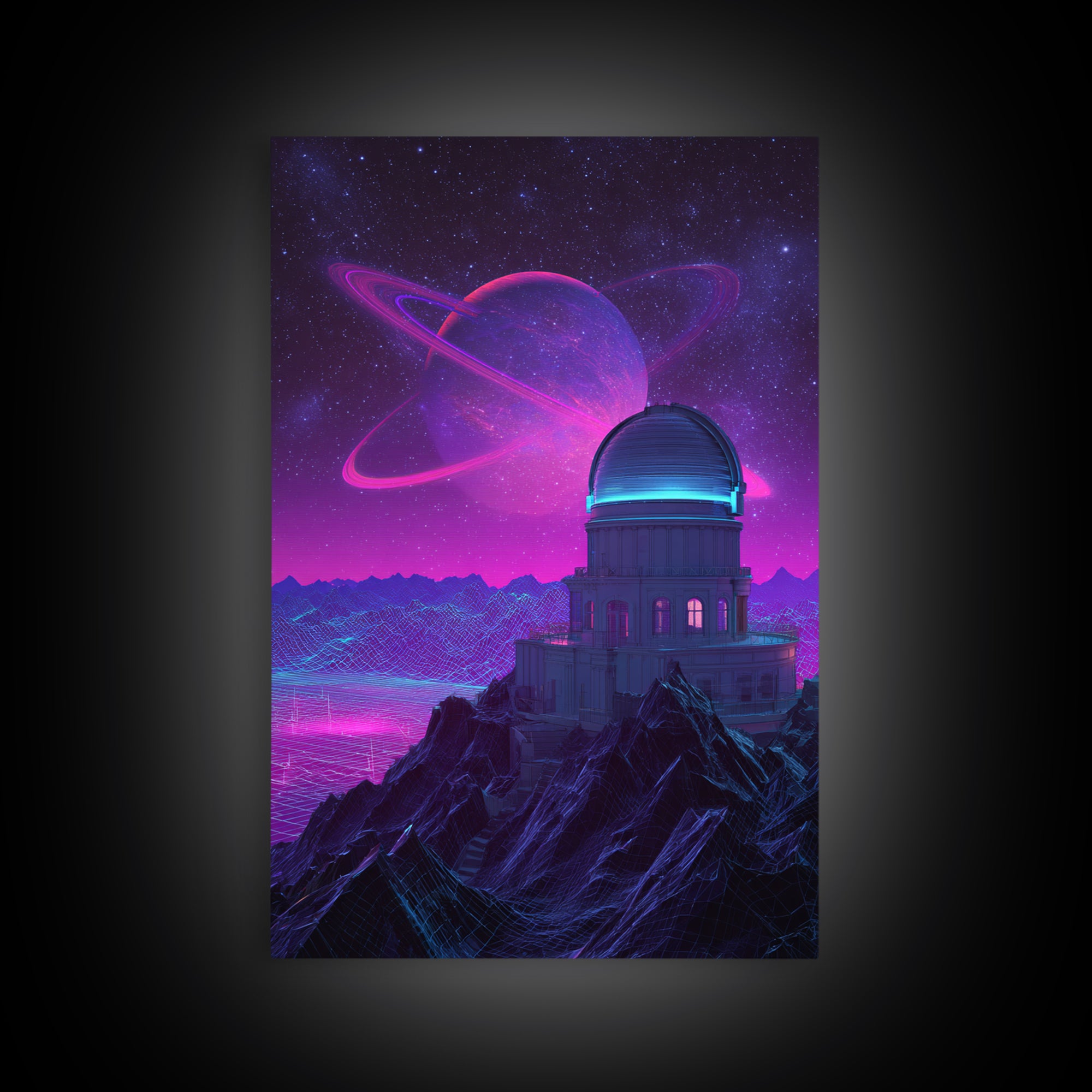 Futuristic Neon Space Observatory With Glowing Planet Against Starry Sky Wall Art Canvas Print For Sci Fi Decor