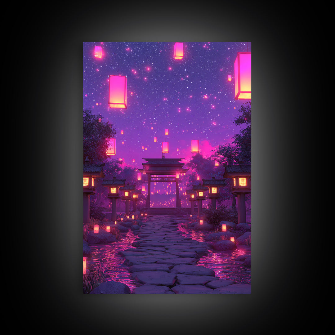 Enchanting Lantern Festival Pink And Purple Glow Night Landscape Wall Art Framed Canvas Print For Home And Office