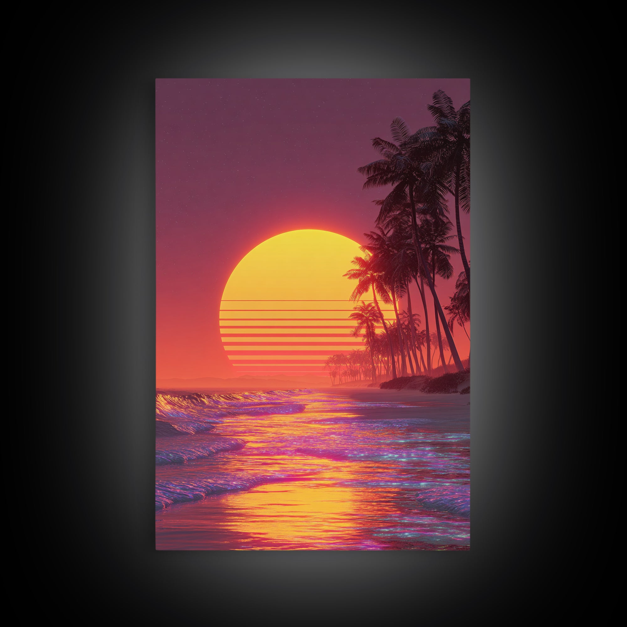 Bright Neon Orange Sun Over Tropical Beach Palm Trees With Stunning Waves Canvas Print Vibrant Modern Wall Art For Home