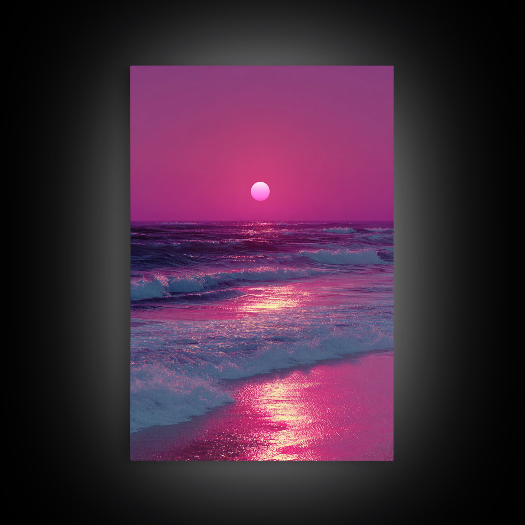 Vibrant Pink Sunset Over Ocean Waves With Reflective Light Coastal Wall Art Canvas Print For Beach House