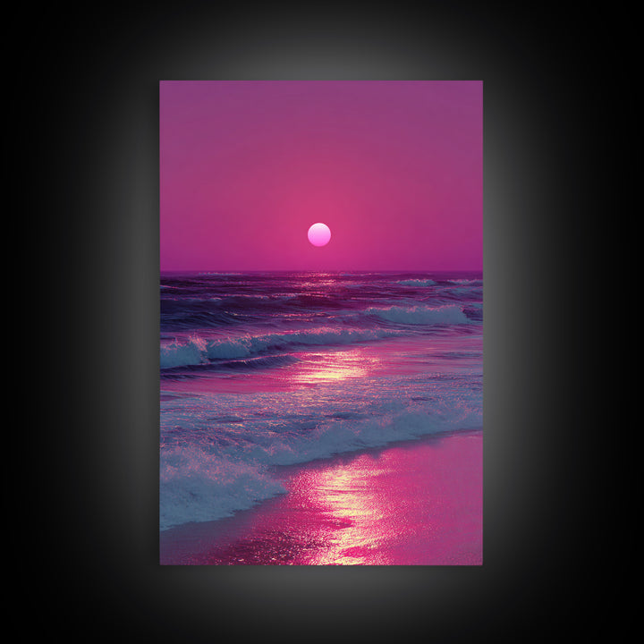 Vibrant Pink Sunset Over Ocean Waves With Reflective Light Coastal Wall Art Canvas Print For Beach House