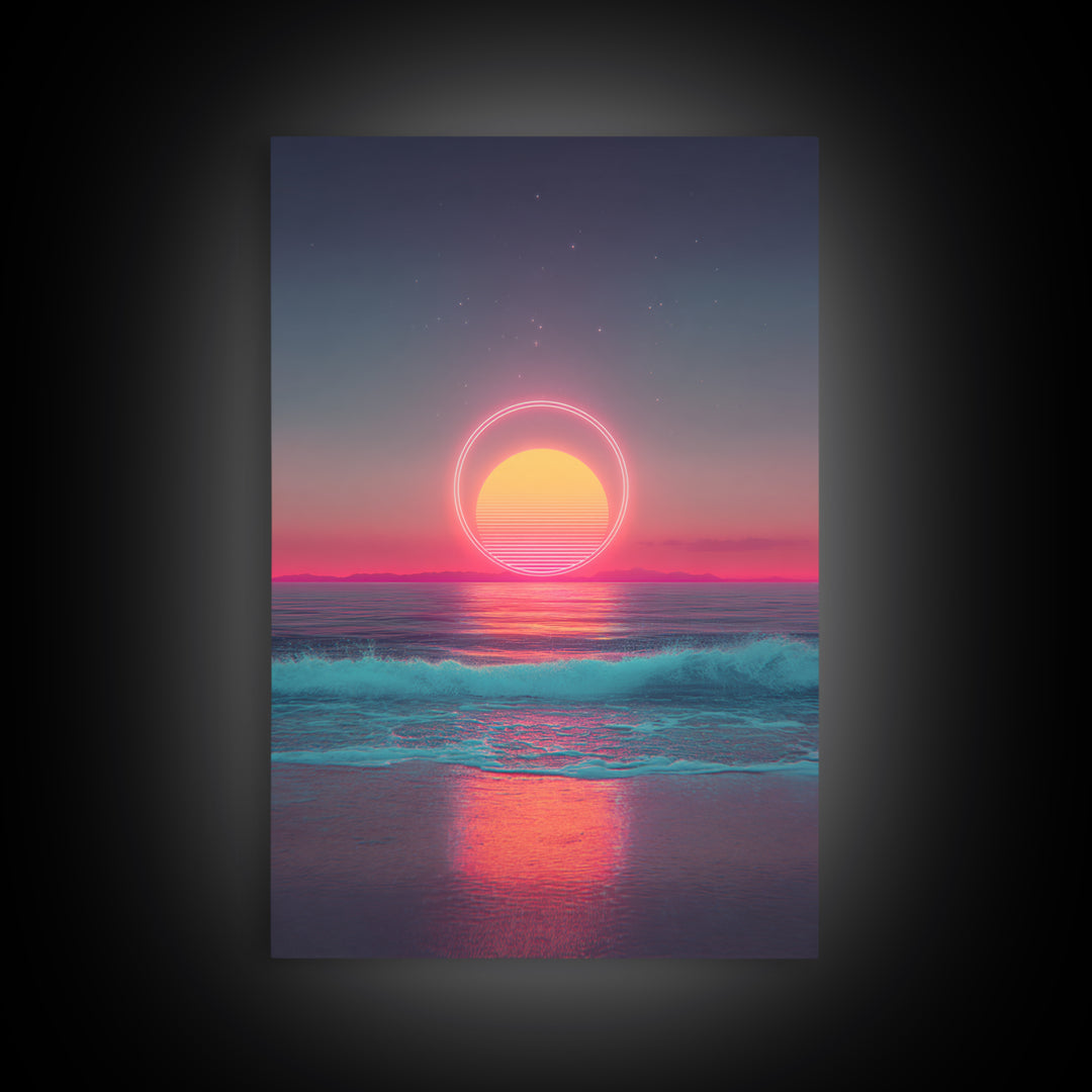 Digital Neon Sunset Ocean With Circular Glow Abstract Waves Modern Wall Art Large Framed Canvas Print Coastal Decor