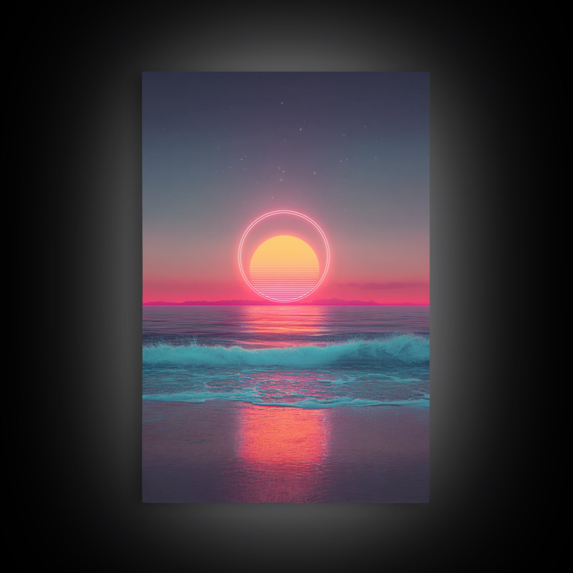 Digital Neon Sunset Ocean With Circular Glow Abstract Waves Modern Wall Art Large Framed Canvas Print Coastal Decor