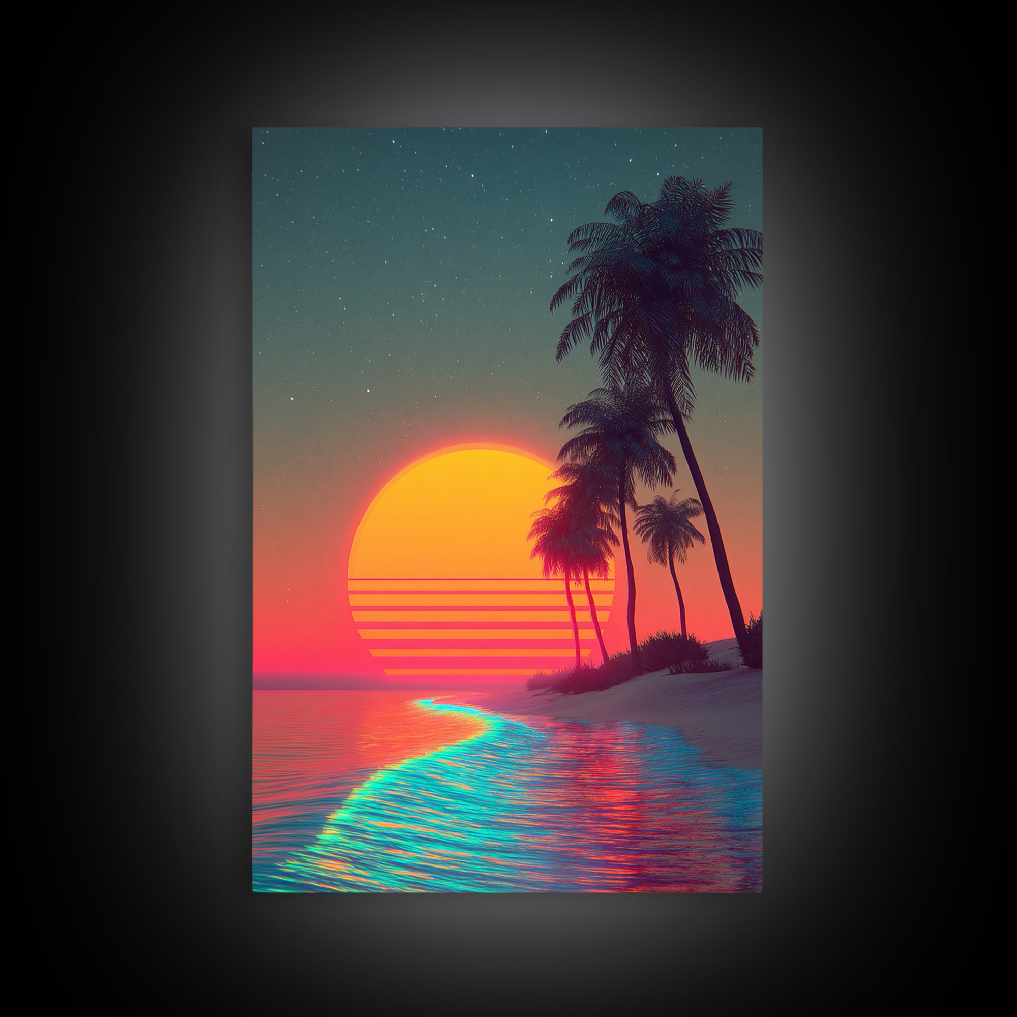 Retro Sunset Beach Landscape With Vibrant Neon Ocean Waves And Palm Trees Canvas Print For Modern Coastal Home Decor