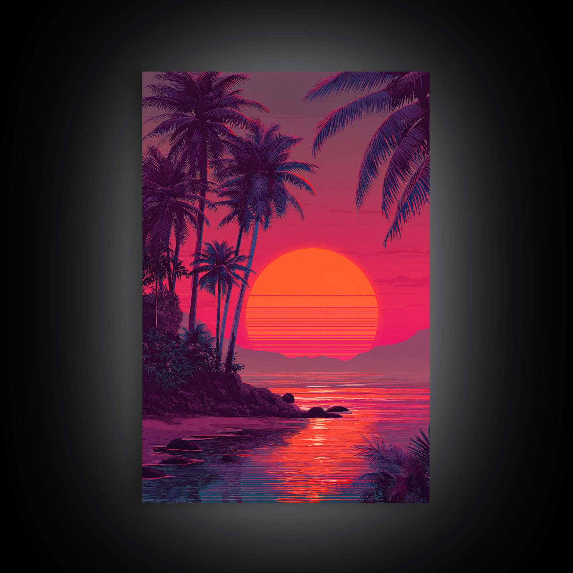 Evocative Tropical Sunset Island Coastal Artwork With Vibrant Red And Pink Sky Canvas Print For Modern Tropical Wall Decor