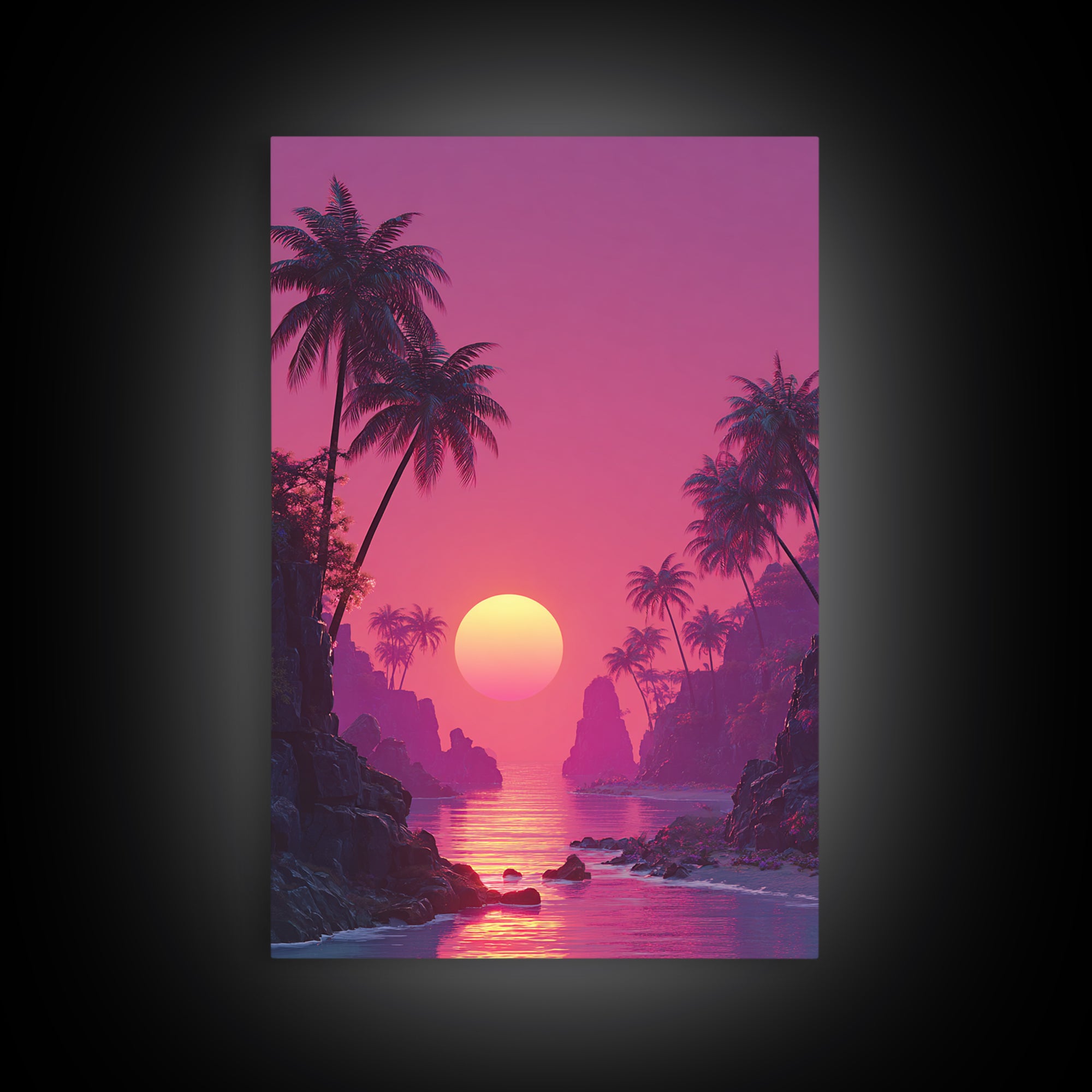 Stunning Pink Sunset Tropical Beach Landscape With Palm Trees Wall Art Canvas Print For Coastal Home Decor And Bedroom