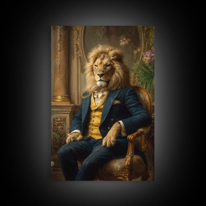 Noble Lion In Blue Suit On Gilded Throne Canvas Print, Regal Animal Wall Art, Luxury Maximalist Office Decor Gift For Him