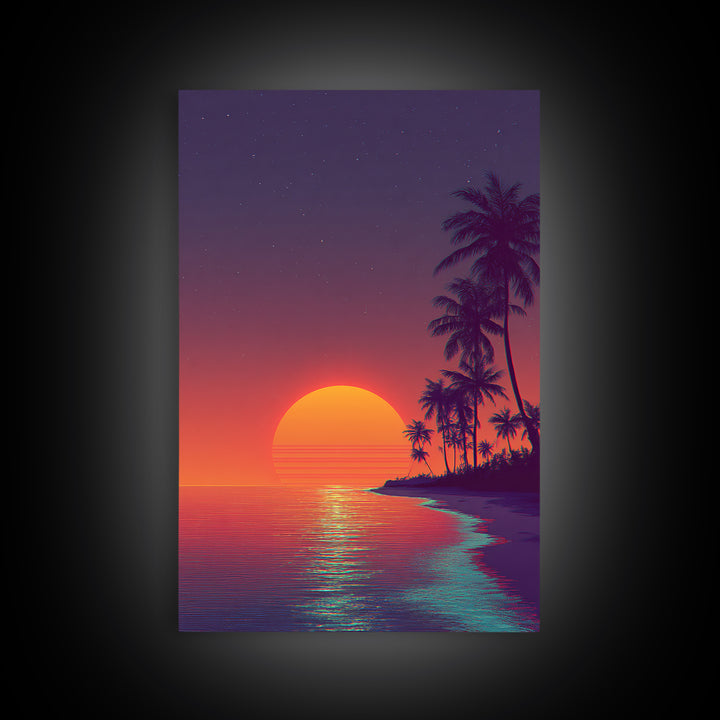 Vibrant Retro Sunset Over Tropical Beach Digital Artwork Modern Wall Art Framed Canvas Print Coastal Home Decor