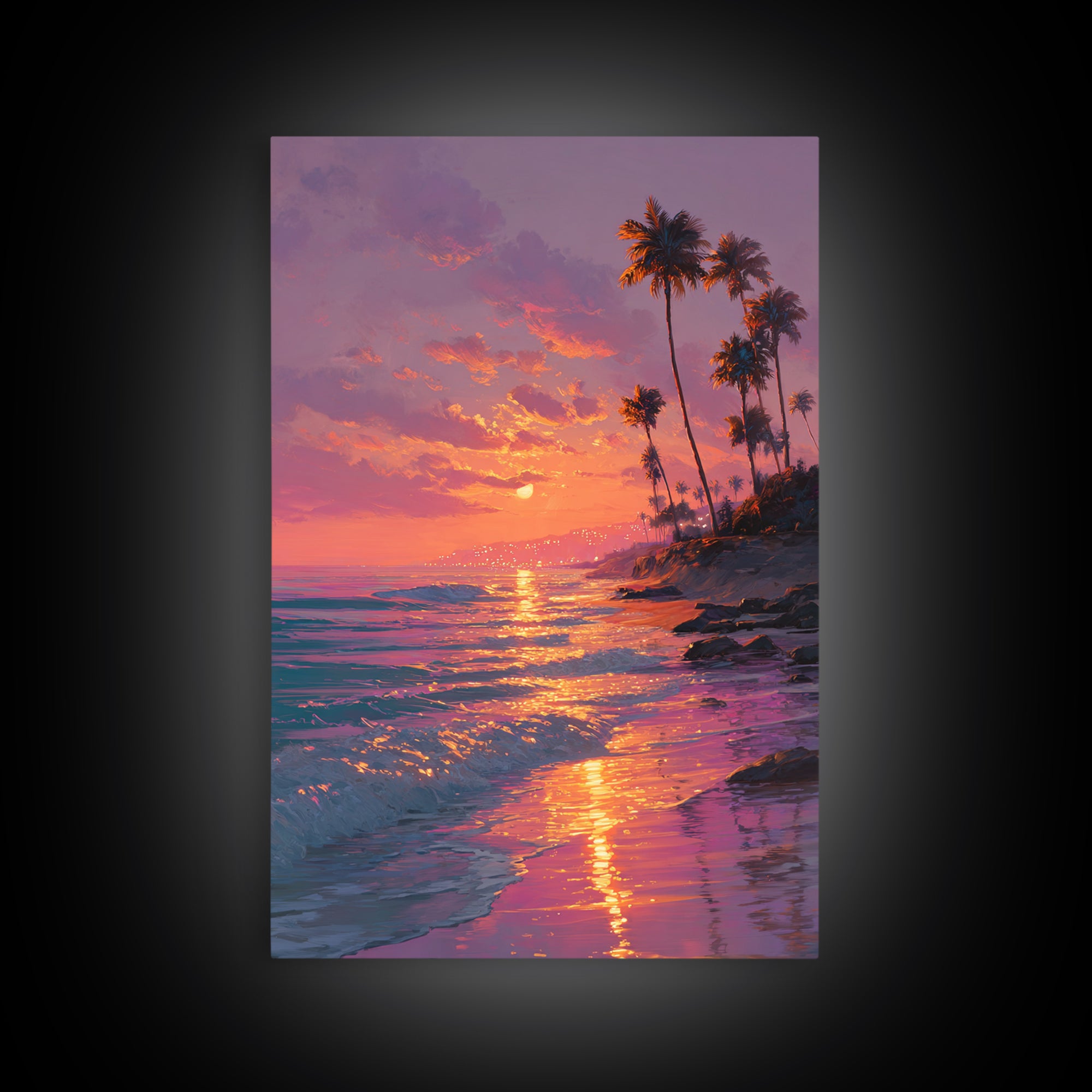 Palm Trees Sunset Beach Landscape Painting Wall Art Canvas Print For Cozy Living Room Modern Coastal Wall Decor