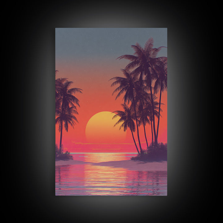 Tropical Sunset Beach Scene Wall Art With Palm Trees And Vibrant Coral Sky Framed Canvas Print Perfect For Coastal Home Decor