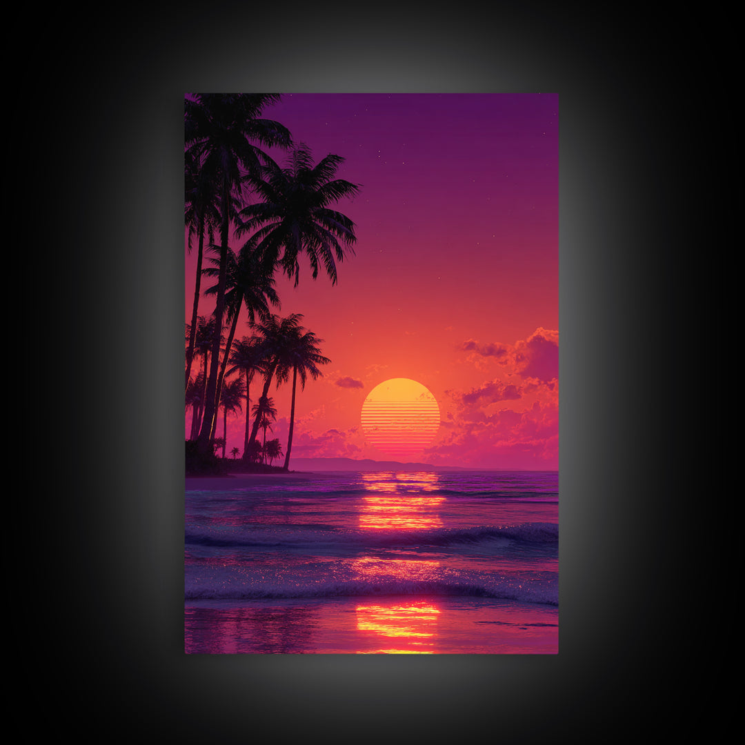 Vibrant Retro Sunset Beach Palm Tree Painting Wall Art Print For Bedroom And Coastal Home Decor Canvas Print