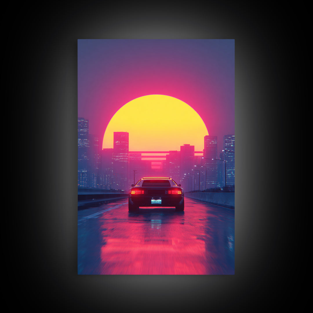 Retro Futuristic Neon Cityscape With Classic Car Sunset Wall Art Canvas Print Gaming Room Decor Modern Urban Art