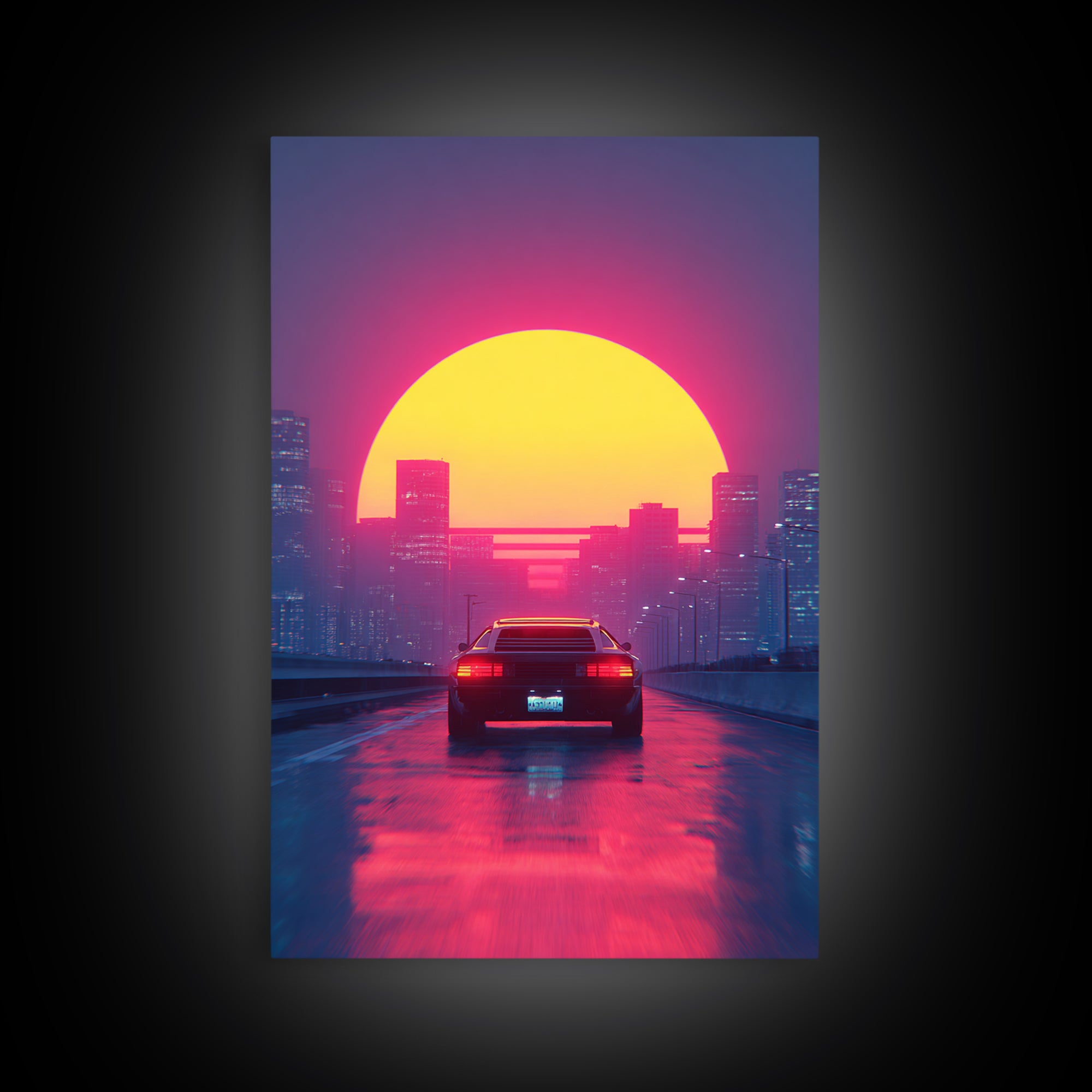 Retro Futuristic Neon Cityscape With Classic Car Sunset Wall Art Canvas Print Gaming Room Decor Modern Urban Art