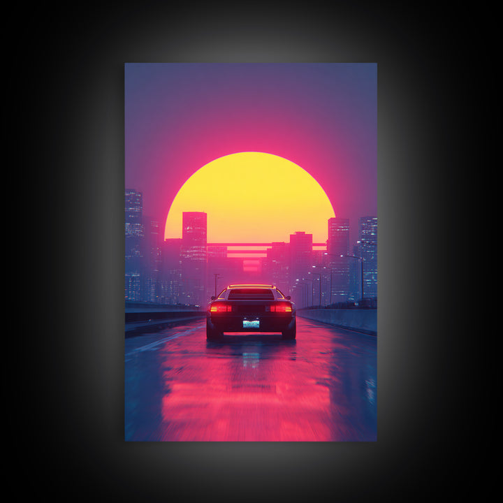 Retro Futuristic Neon Cityscape With Classic Car Sunset Wall Art Canvas Print Gaming Room Decor Modern Urban Art