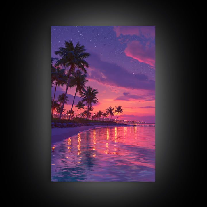 Vibrant Miami Beach Twilight With Palm Trees And City Lights Wall Art Print Canvas Wall Art Coastal Home Decor Gift For Beach Lovers