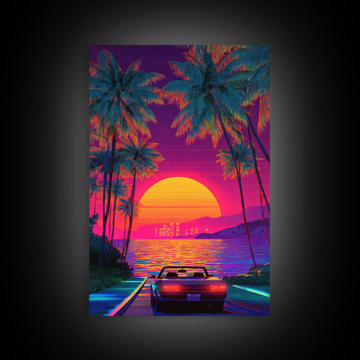 Retrowave Neon Sunset With Palm Trees And Convertible Car Canvas Print For Modern Wall Art Coastal Home Decor