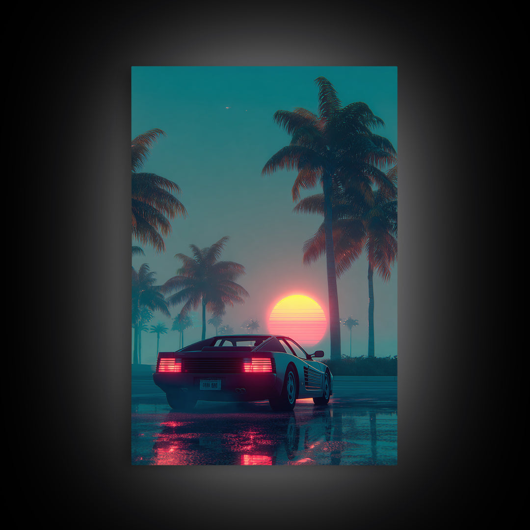 Retro Futuristic Car At Sunset Surrounded By Palm Trees With Neon Glow Vibrant Digital Art Canvas Print