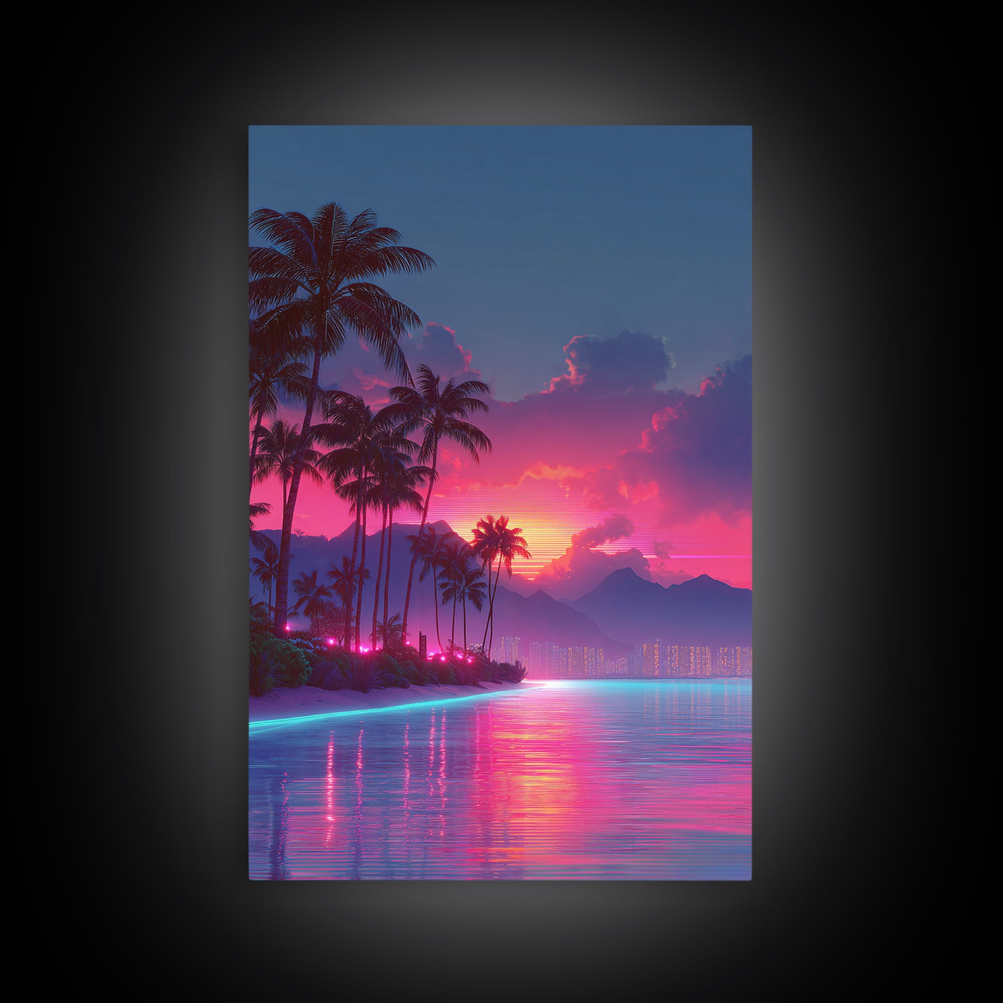 Vibrant Sunset Over Tropical Beach With Palm Trees And Reflective Ocean Modern Wall Art Print Canvas