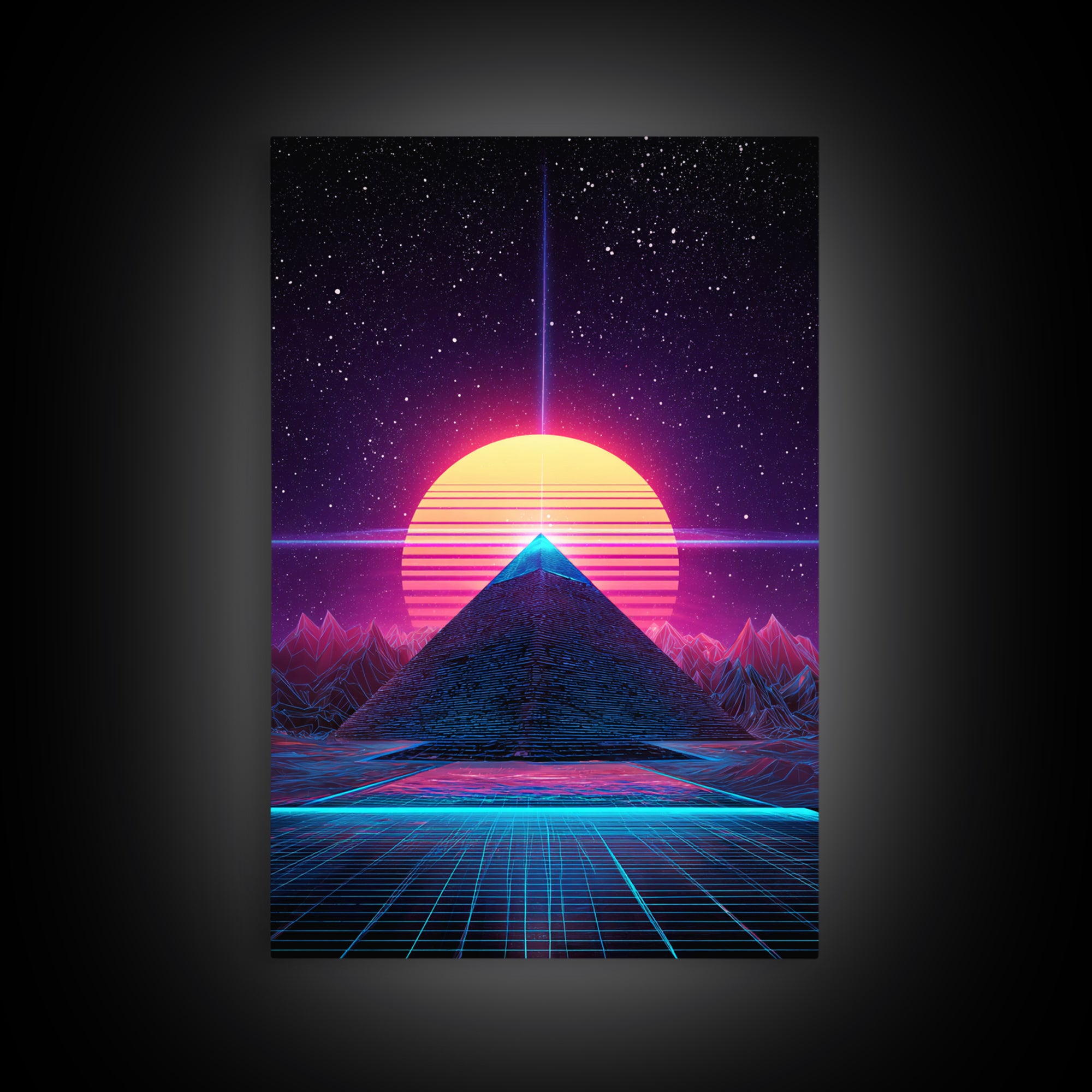 Retro Futuristic Neon Pyramid With Sun And Stars Canvas Print Modern Wall Art For Sci Fi Home Decor And Office