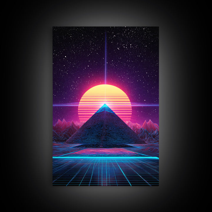 Retro Futuristic Neon Pyramid With Sun And Stars Canvas Print Modern Wall Art For Sci Fi Home Decor And Office