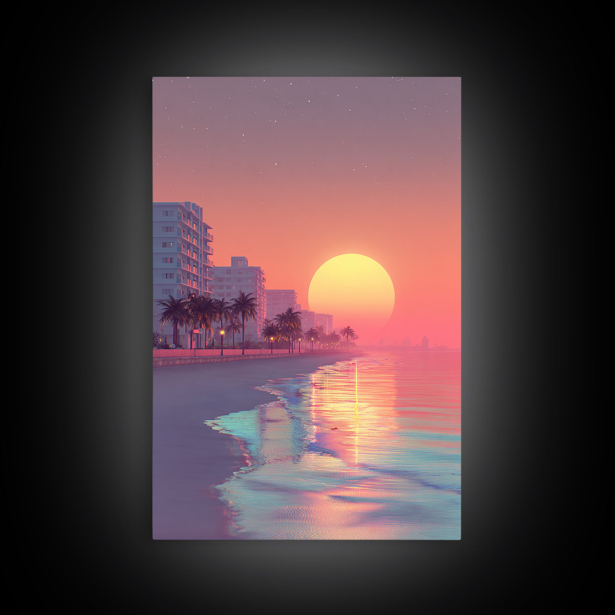 Peaceful Urban Beach Boardwalk Sunset Vibrant Wall Art Canvas Print For Contemporary Living Room Decor Tropical Coastal Vibes