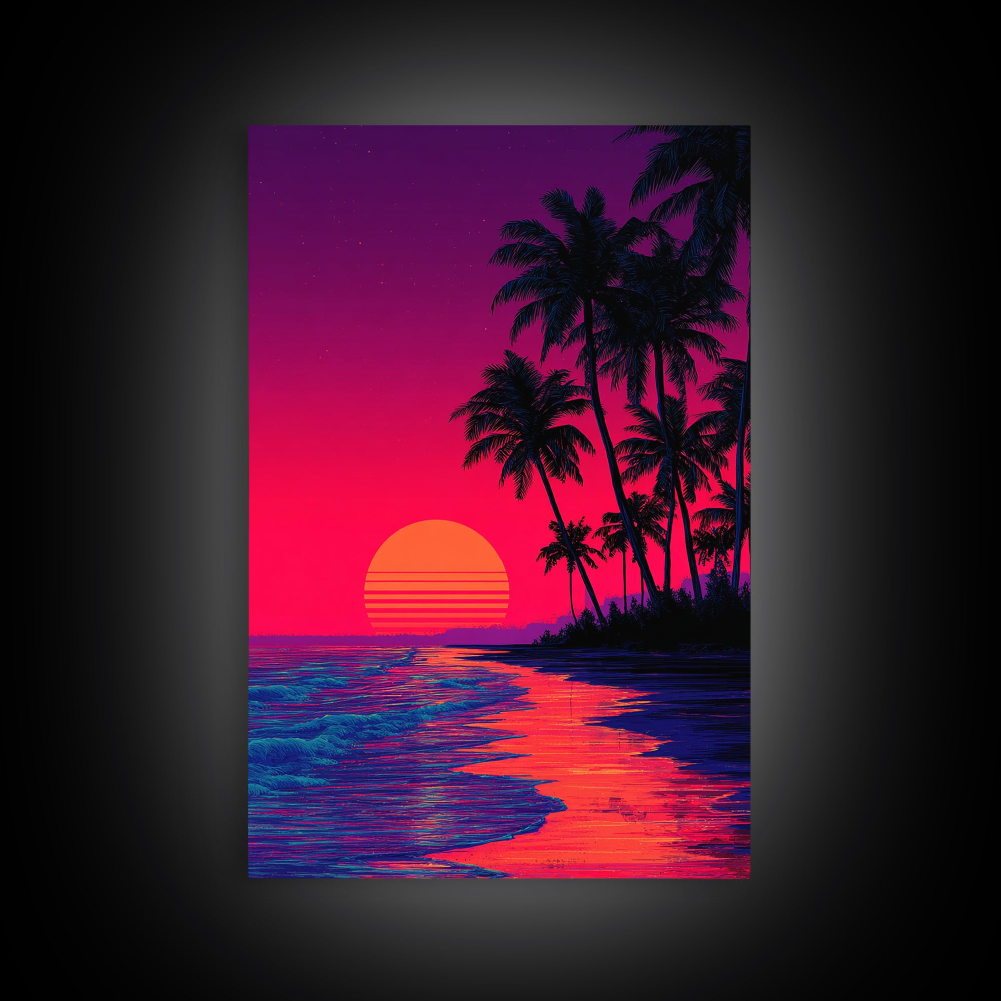 Vibrant Sunset Over Tropical Beach With Palm Trees Digital Wall Art Framed Canvas Print For Home Decor