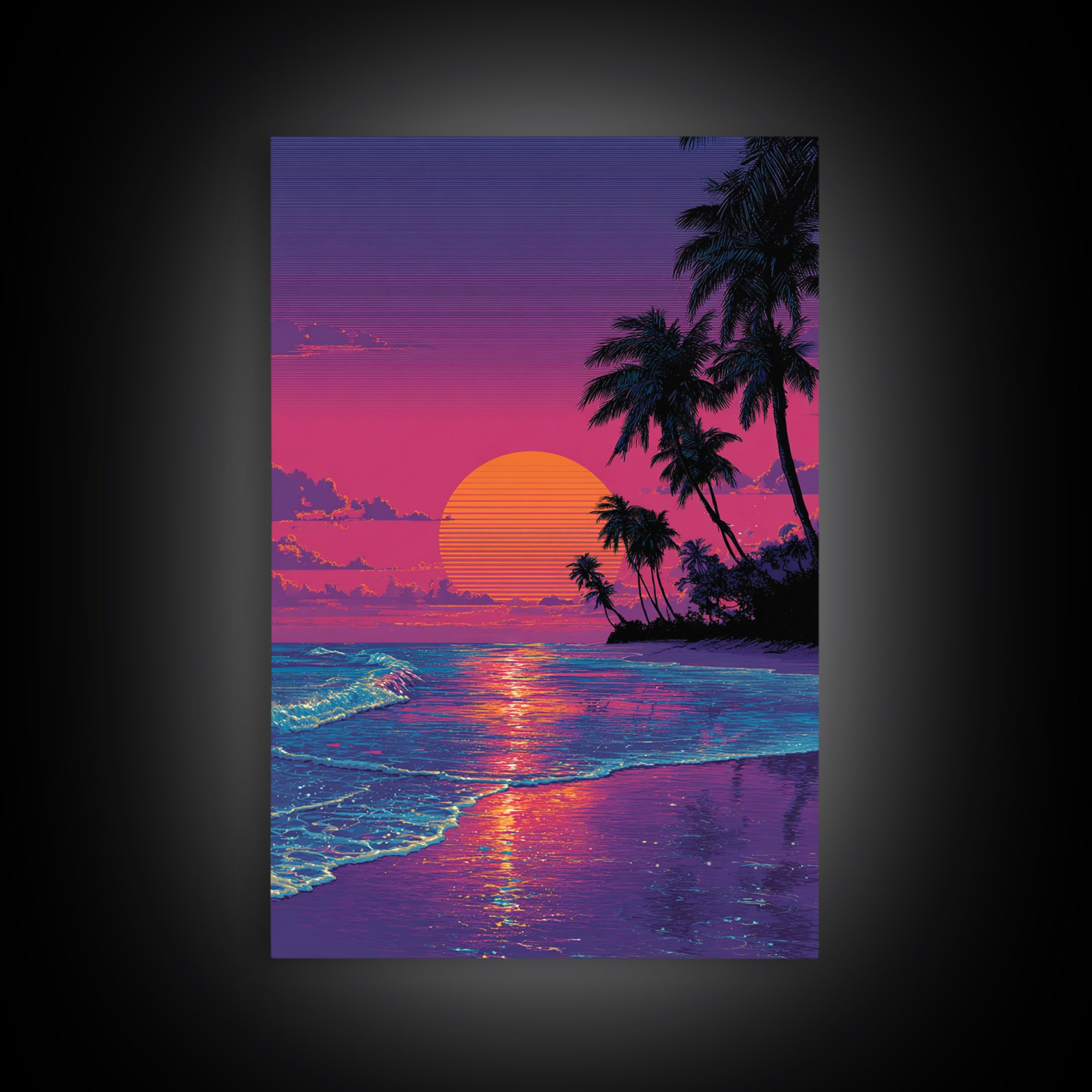 Digital Tropical Beach Sunset Wall Art Vibrant Retro Canvas Print For Coastal Living Room Decor And Relaxing Home Vibes