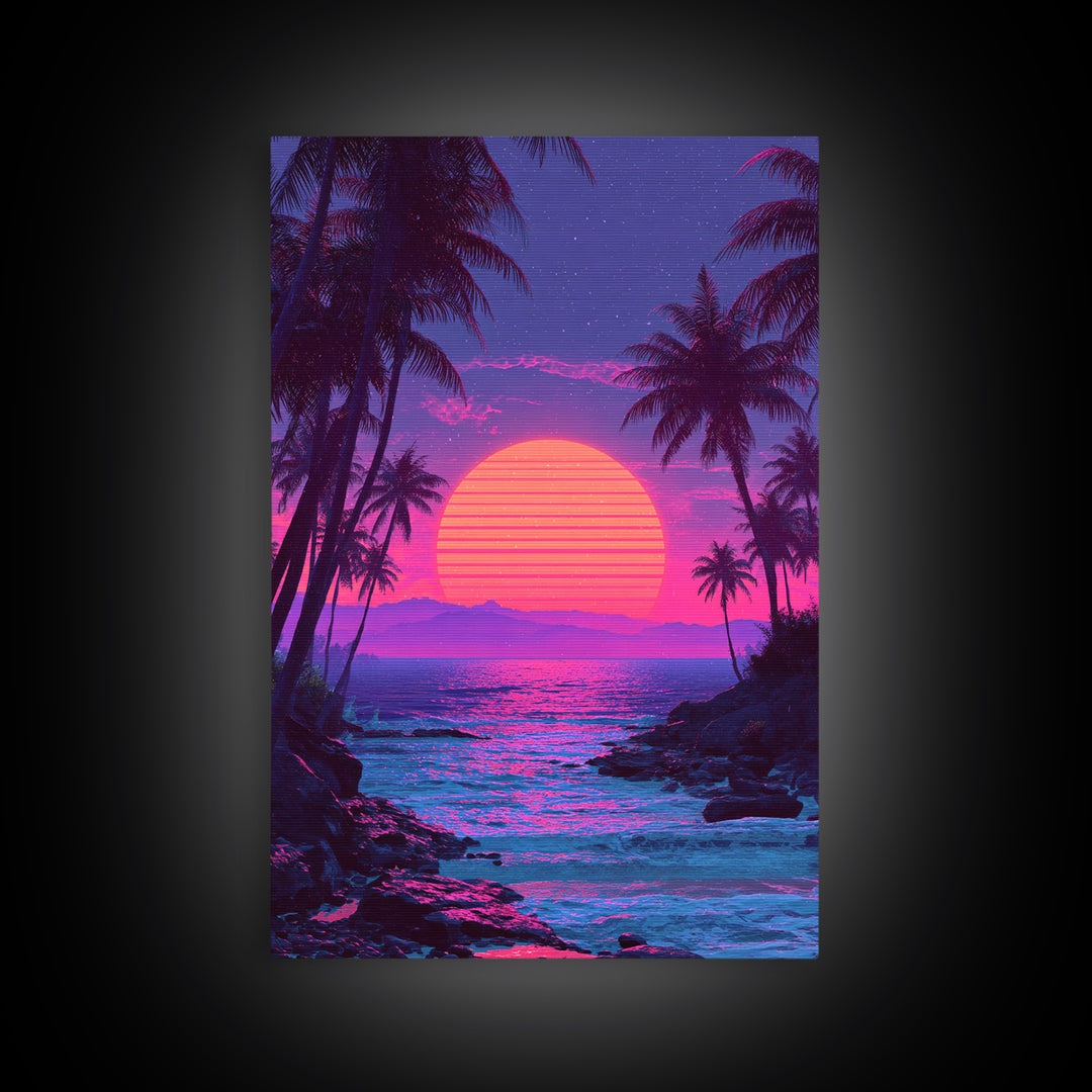 Vibrant Pink And Purple Tropical Beach Sunset With Palm Trees And Calm Ocean Retro Style Canvas Print