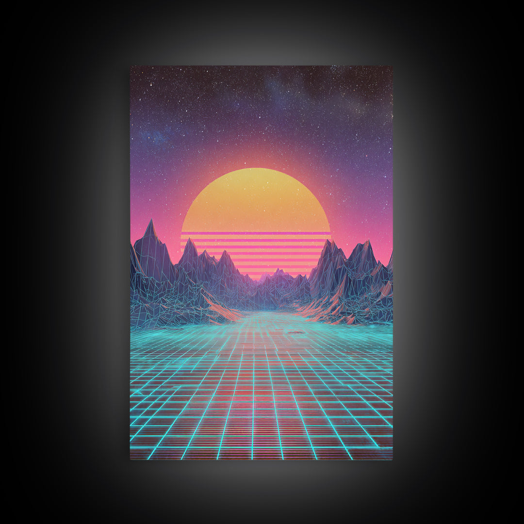 Retro Futuristic Synthwave Neon Sunset Over Wireframe Mountains Wall Art Print For Bedroom Decor Contemporary Canvas Print