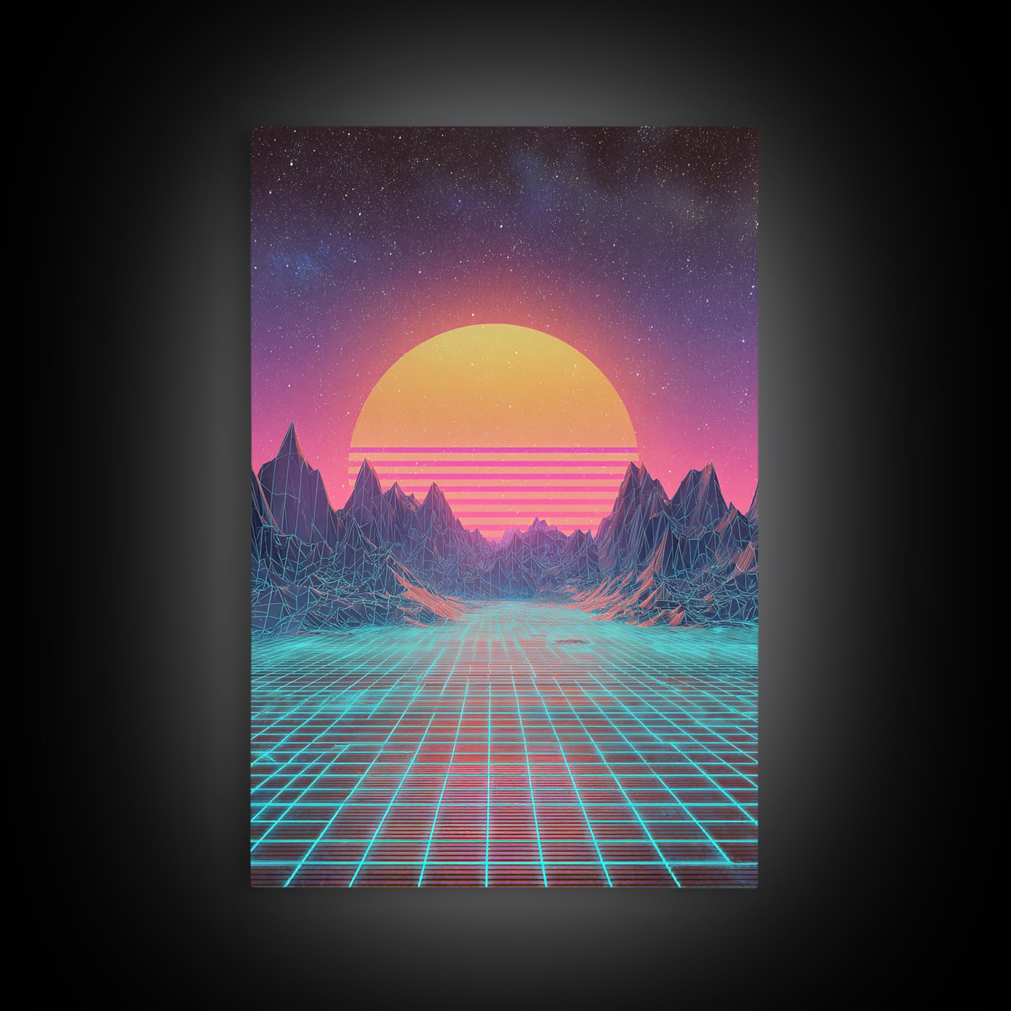 Retro Futuristic Synthwave Neon Sunset Over Wireframe Mountains Wall Art Print For Bedroom Decor Contemporary Canvas Print