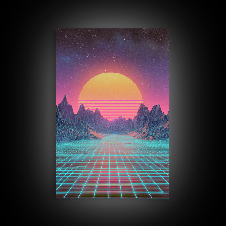 Retro Futuristic Synthwave Neon Sunset Over Wireframe Mountains Wall Art Print For Bedroom Decor Contemporary Canvas Print