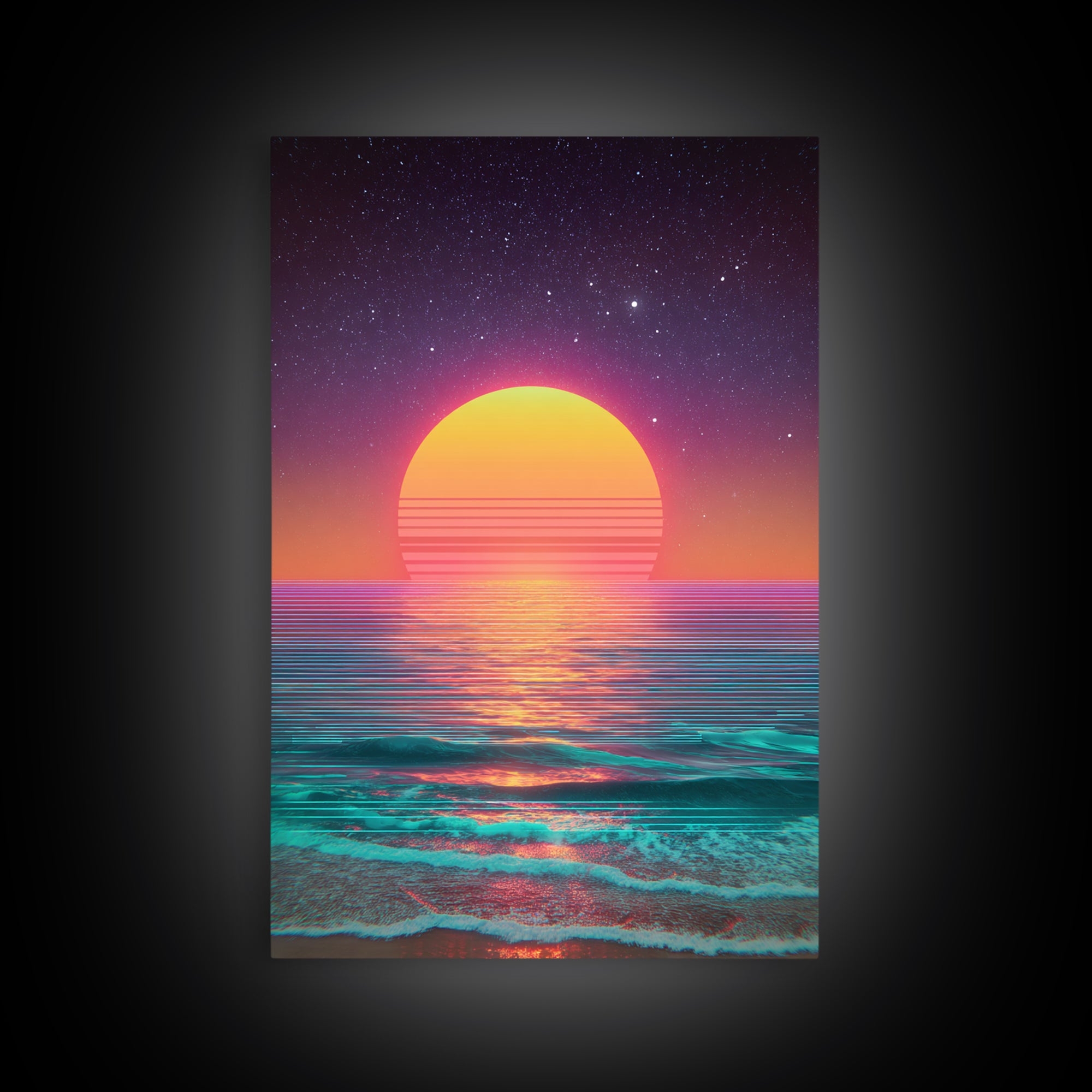 Digital Neon Sunset Ocean Wave Artwork Vibrant Abstract Modern Wall Art Large Framed Canvas Print Coastal Home Decor
