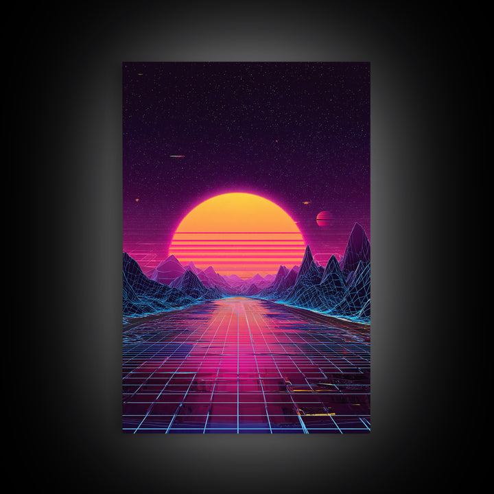 Retro Futuristic Sunset Landscape With Neon Grid Mountains And Starry Sky Wall Art Canvas Print For Modern Home Decor