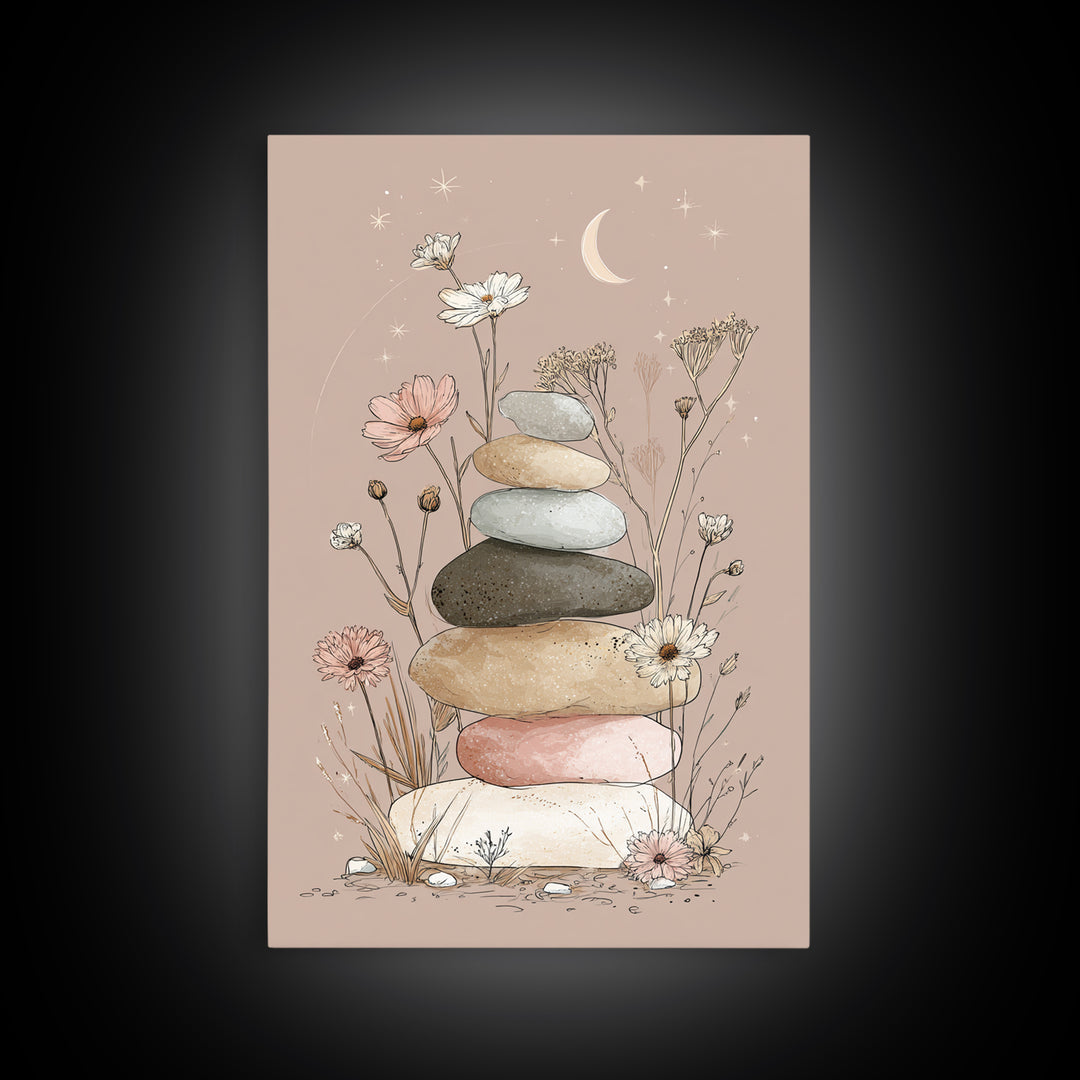 Stacked Zen Stones And Wildflowers Wall Art, Spa Bathroom Decor, Meditation Room Art, Neutral Boho Print, Calming Home Decor