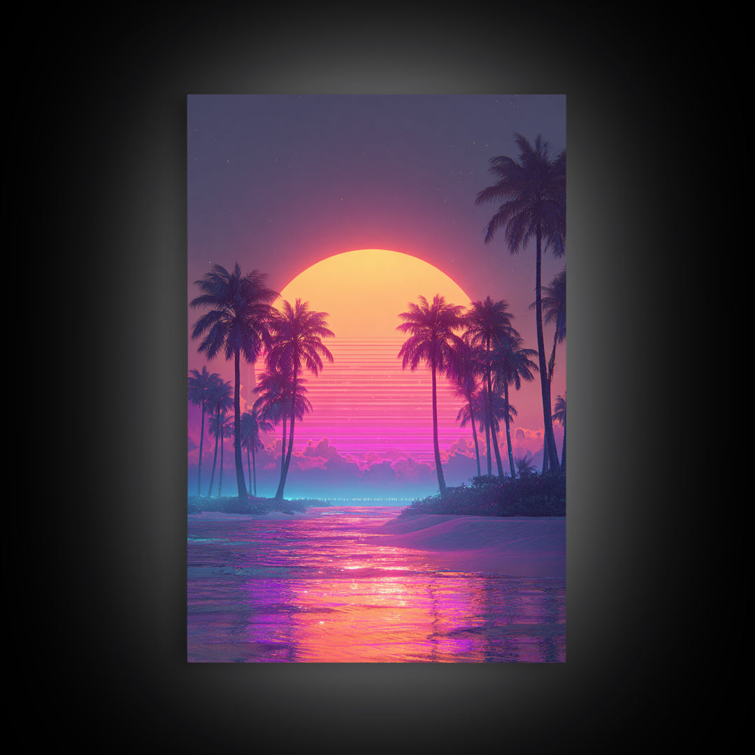 Vibrant Retro Sunset Over Tropical Beach With Palm Trees Large Wall Art Framed Canvas Print Coastal Home Decor