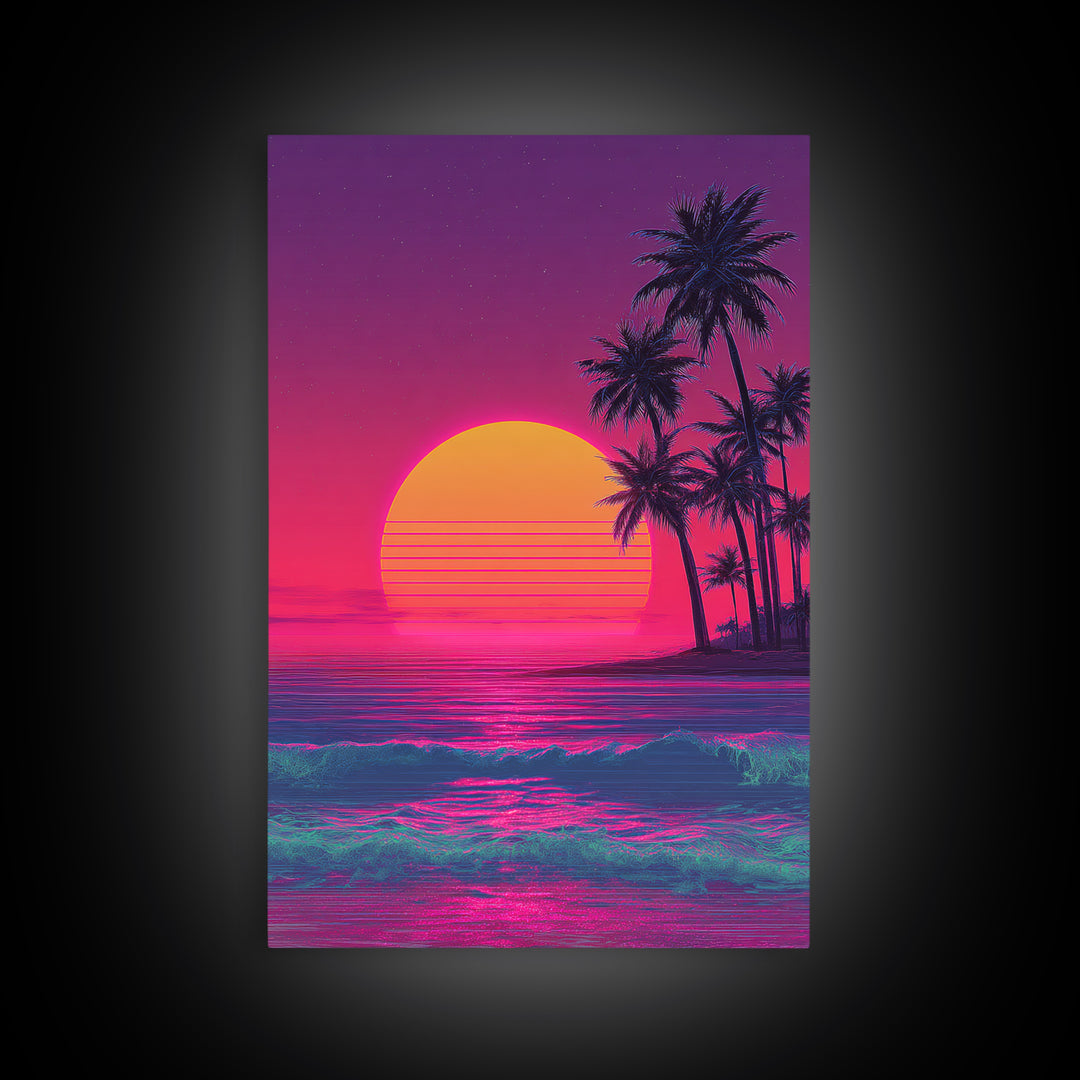 Vibrant Neon Sunset Beach With Palm Trees Retro 80s Themed Wall Art For Living Room Decor Framed Canvas Print