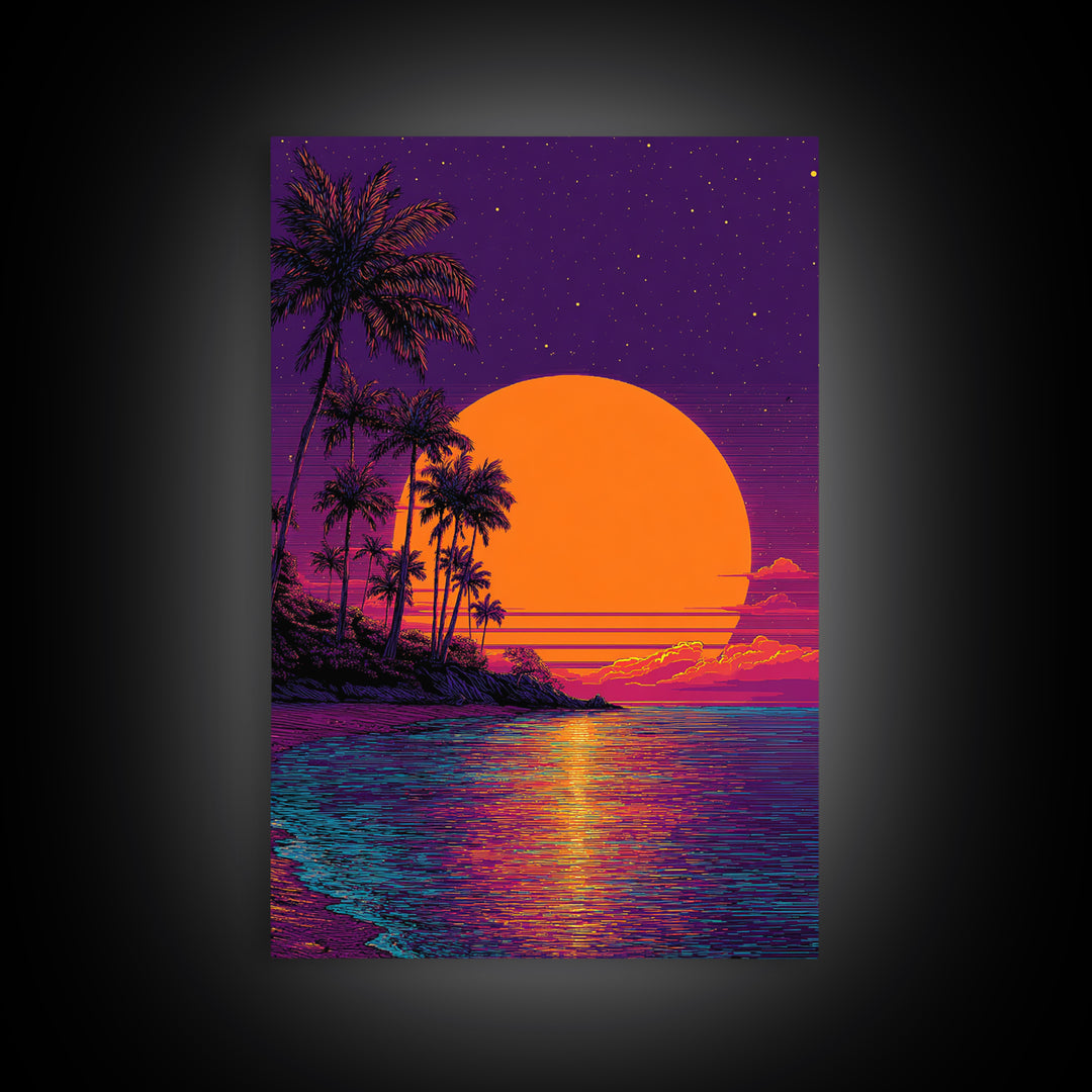 Tropical Sunset With Palm Trees Over Water Vibrant Coastal Wall Art Framed Canvas Print