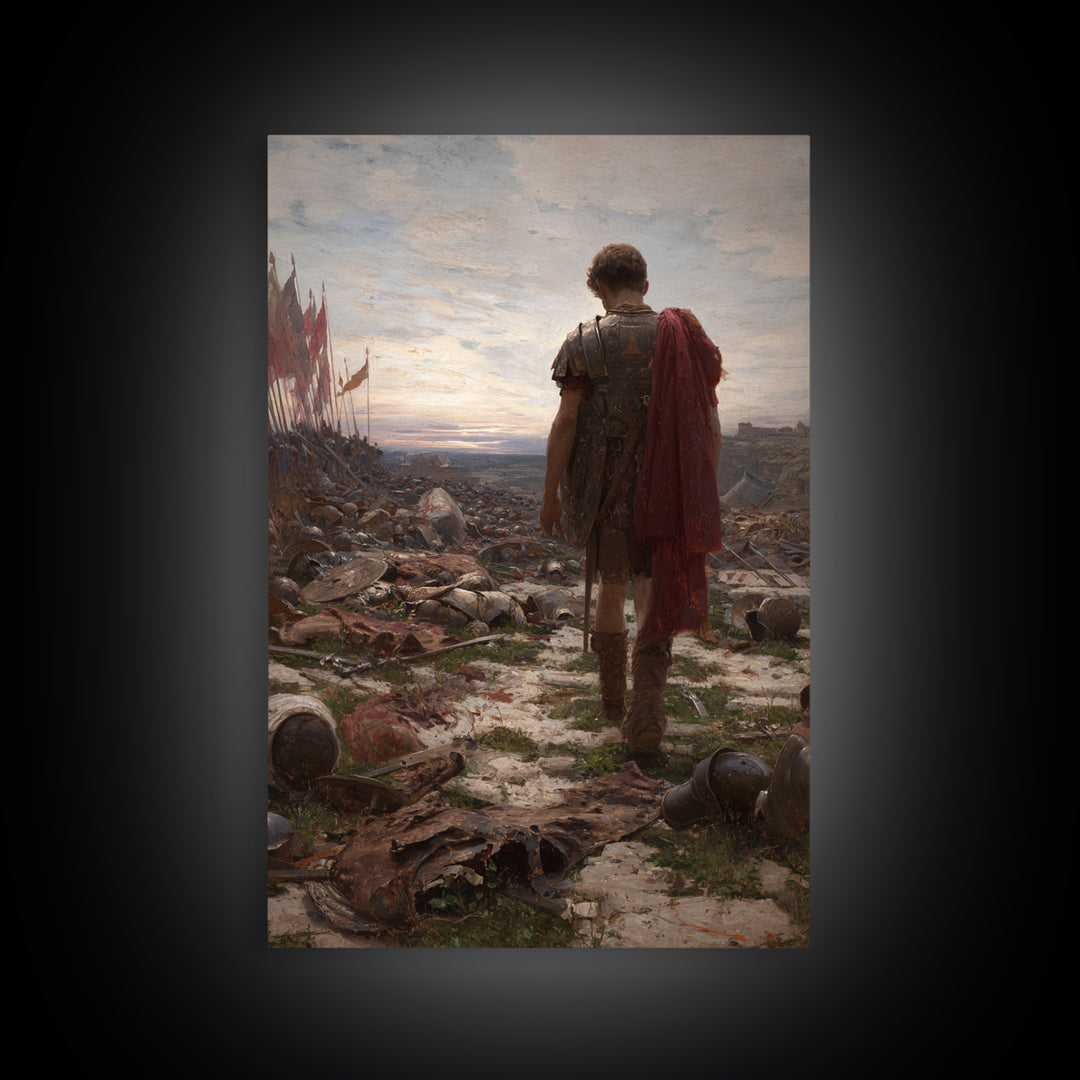 Lone Roman Soldier Framed Canvas Print, Battlefield Wall Art, Historical Warrior Oil Painting, Dark Academia Office Decor