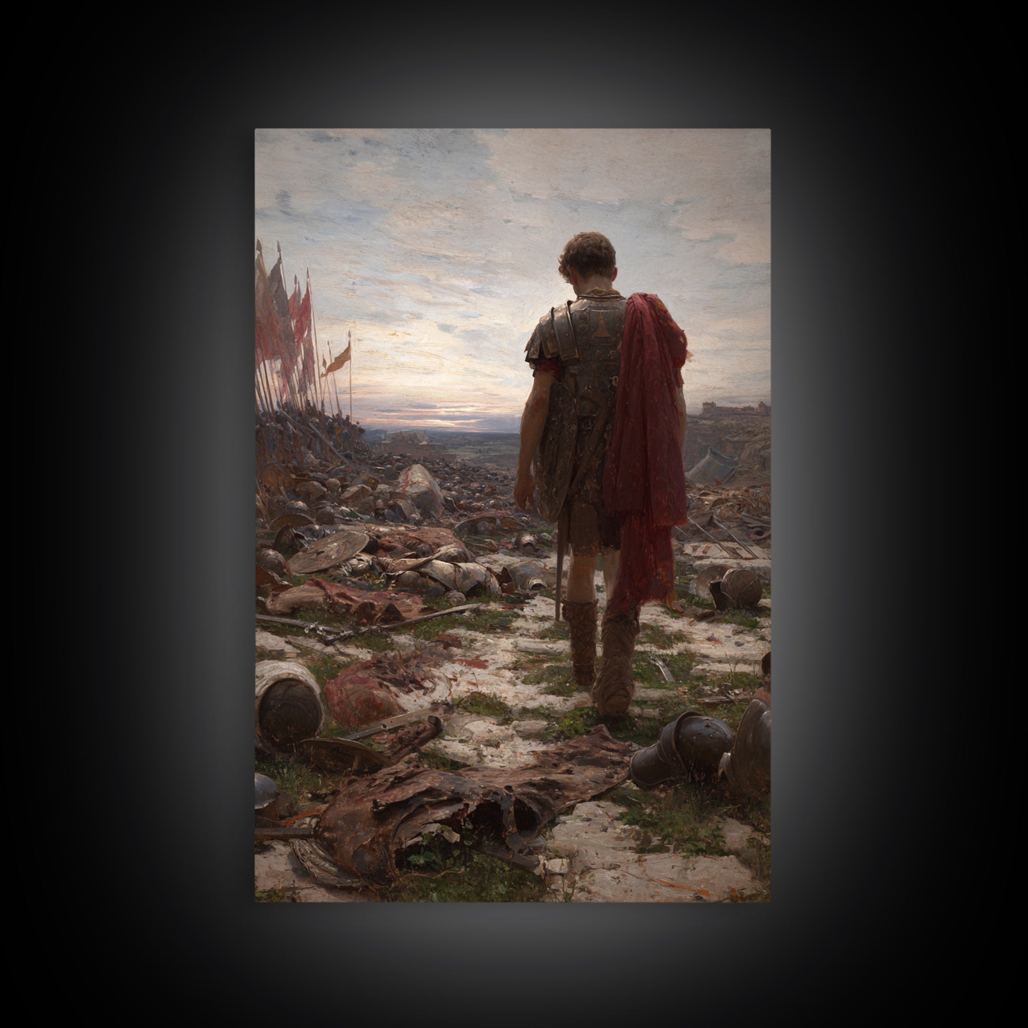 Lone Roman Soldier Framed Canvas Print, Battlefield Wall Art, Historical Warrior Oil Painting, Dark Academia Office Decor