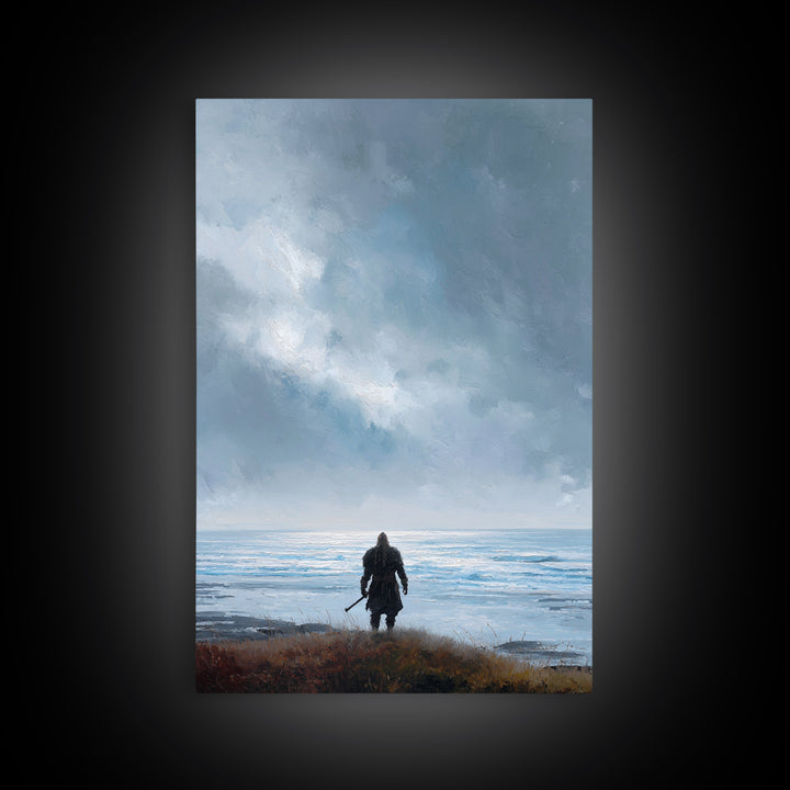Lone Warrior Facing Cold Blue Sea Canvas Print, Minimalist Coastal Wall Art, Moody Seascape Living Room Decor, Above Bed Art